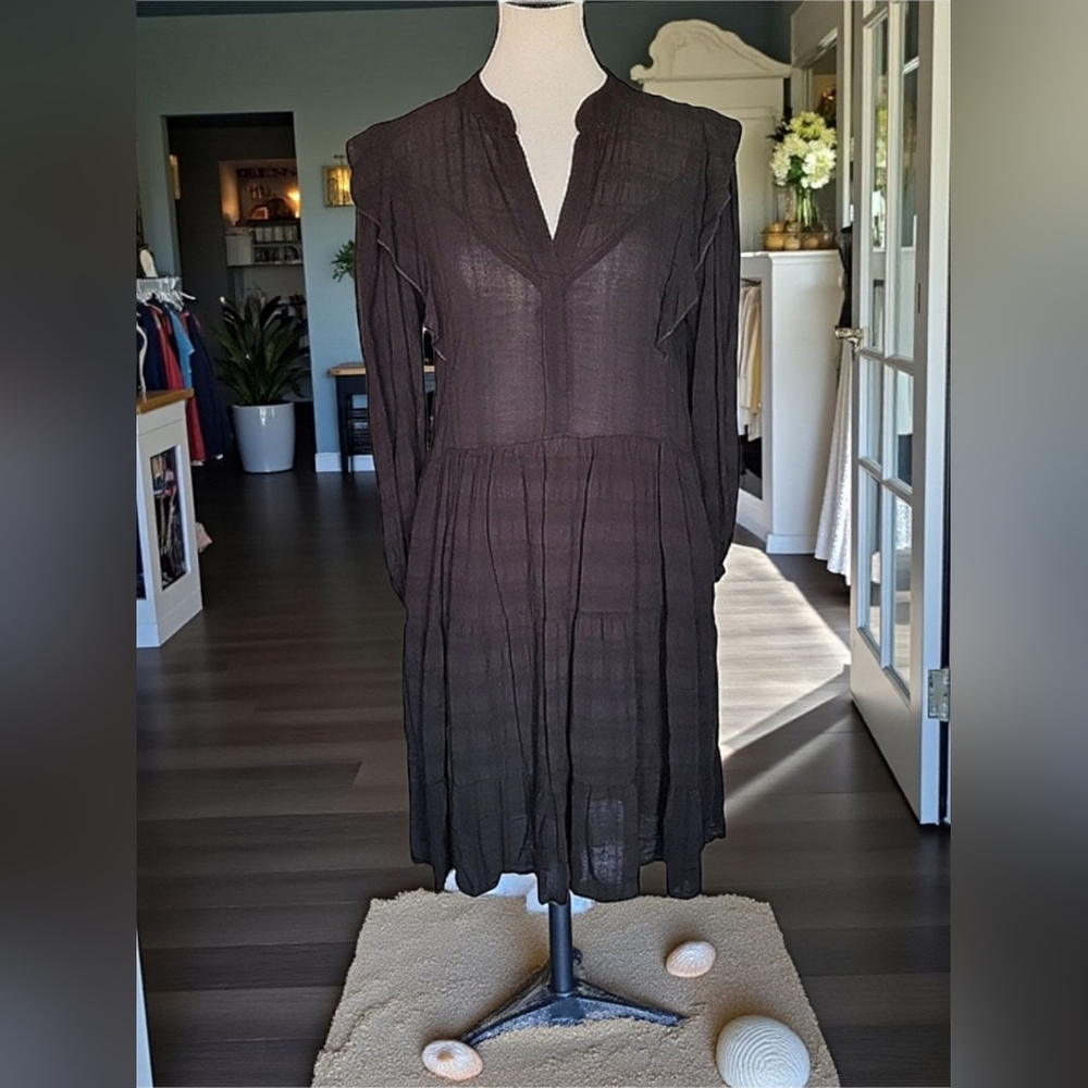 Anthropologie Amadi Rossi Black Long Sleeve Cottage Ruffle Prairie Dress Size XS